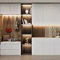 Modern Elegant Shoe Cabinet With Clothing Hangers Open Shelves And Lighting Design