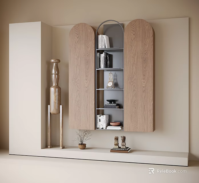 Modern Entryway Cabinet And Side Cabinet With Oak Wood Open Shelves Books And Decorative Items 3d model 