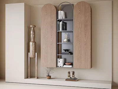 Modern Entryway Cabinet And Side Cabinet With Oak Wood Open Shelves Books And Decorative Items 3d model