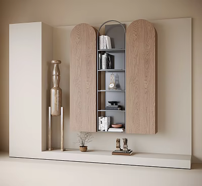 Modern Entryway Cabinet And Side Cabinet With Oak Wood Open Shelves Books And Decorative Items 3d model