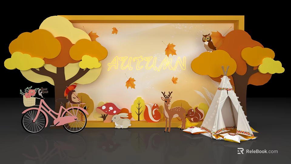 Vibrant Autumn Themed Scene With Colorful Leaves Deer Squirrel Owl Teepee And Bicycle 3d model 