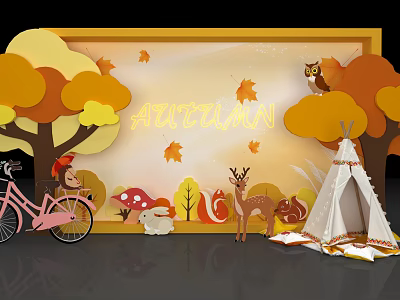 Vibrant Autumn Themed Scene With Colorful Leaves Deer Squirrel Owl Teepee And Bicycle 3d model
