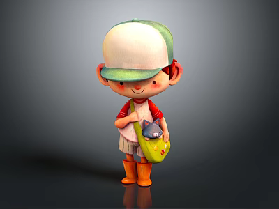 Man Wearing Green White Cap Red Shirt And Orange Boots Carrying Yellow Bag With Cat 3d model