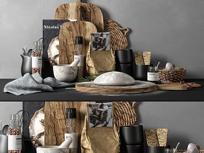 Natural Kitchenware Display On Counter With Wooden Chopping Boards Mortar Pestle And Wicker Baskets 3d model