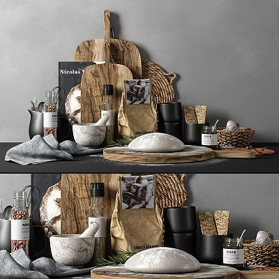 Natural Kitchenware Display On Counter With Wooden Chopping Boards Mortar Pestle And Wicker Baskets 3d model