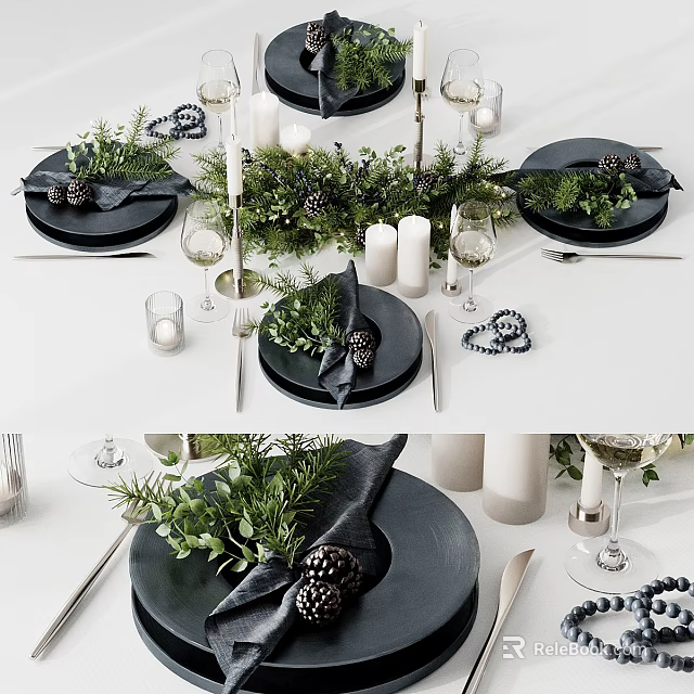 Elegant Tableware Set With Black Plates Napkins Greenery Pine Cones Candles And Wine Glasses 3d model 