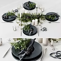 Elegant Tableware Set With Black Plates Napkins Greenery Pine Cones Candles And Wine Glasses