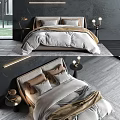 Modern Double Bed Interior With Gray Brown Pillows And Bedside Lamps 3d model