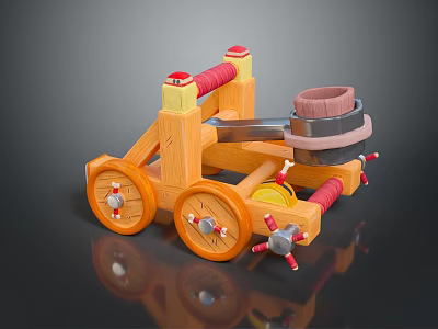 Medieval Catapult Weapon With Wooden Structure Wheels Red Components And Metal Parts 3d model