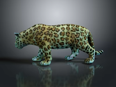 Realistic 3D Leopard Model With Spotted Pattern In Standing Pose On Dark Background With Reflection 3d model