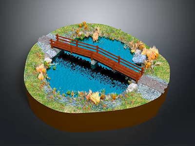 Round Landscape Model With Small Pond Red Wooden Bridge Green Grass Yellow Flowers And Stones 3d model