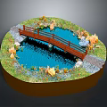 Round Landscape Model With Small Pond Red Wooden Bridge Green Grass Yellow Flowers And Stones