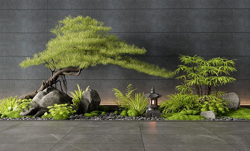 New Chinese Style Courtyard Sketch Interior Landscape Landscaping Stone Pine Tree Shape Pine Plant Pile Moss Green Plant Flowers and Plants 3d model