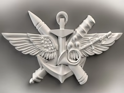 Detailed Military Naval Insignia With Anchor Wings Sword And Cannon Barrel Design 3d model