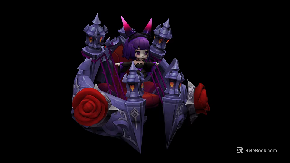 Game Character With Purple Hair Sitting On Spire Decorated Throne With Red Roses And Lanterns 3d model 