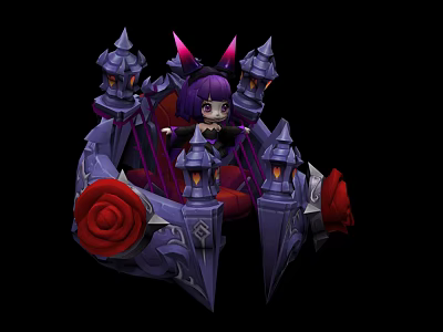 Game Character With Purple Hair Sitting On Spire Decorated Throne With Red Roses And Lanterns 3d model