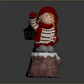 Christmas Decorative Doll With Red Hat Striped Scarf Holding Lantern On Snowy Tree Stump