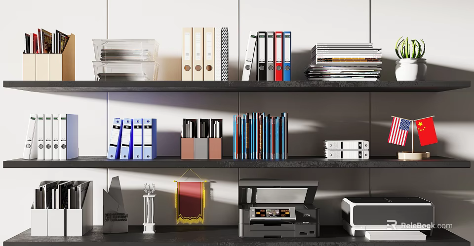 Organized Office Supplies on Shelves with Binders Books and Printers 3d model 