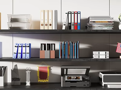 Organized Office Supplies on Shelves with Binders Books and Printers 3d model