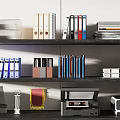 Organized Office Supplies on Shelves with Binders Books and Printers