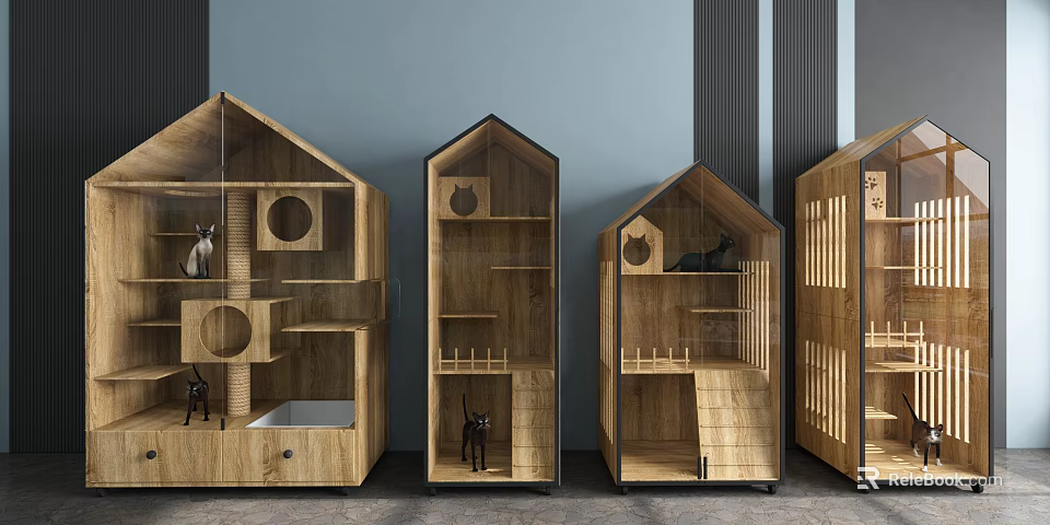 Wooden Garden Pet Houses with House Shaped Design Glass Doors and Cat Furniture Shelves 3d model 