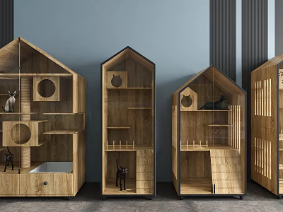 Wooden Garden Pet Houses with House Shaped Design Glass Doors and Cat Furniture Shelves 3d model