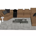 Stylish L Shaped Brown Sofa Coffee Table Combination With Cushions Side Table And Gray Rug 3d model