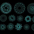 Teal Firework Shaped Hanging Decorations With Various Designs On Black Background