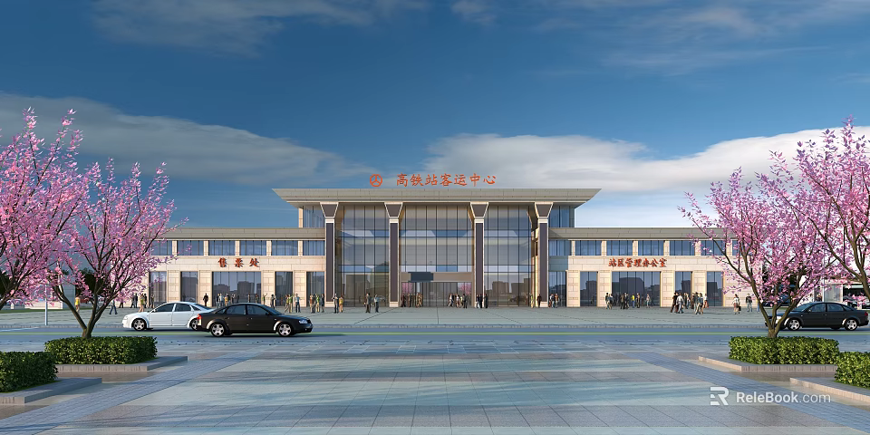 Modern High - speed Railway Passenger Station Exterior With Glass Curtain Walls Grand Columns And Front Plaza 3d model 
