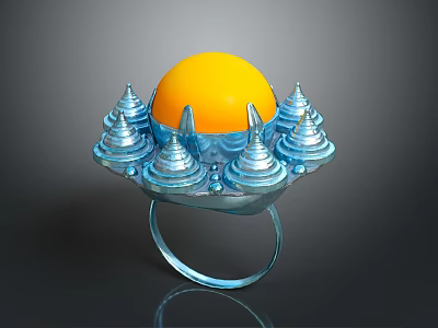 Intricate Sculpture Carving With Blue Ring Base And Decorative Spires Holding Yellow Sphere 3d model