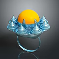 Intricate Sculpture Carving With Blue Ring Base And Decorative Spires Holding Yellow Sphere
