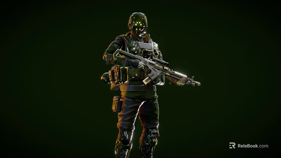 Futuristic Combat Game Movie Character With Tactical Armor Helmet And Rifle On Green Background 3d model