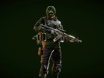 Futuristic Combat Game Movie Character With Tactical Armor Helmet And Rifle On Green Background 3d model
