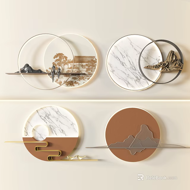 Stylish Circular Wall Decor With Marble Patterns Mountain Shapes And Metal Accents 3d model