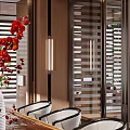 Modern Clubhouse Interior Design With Wooden Blinds And Floor Lamps