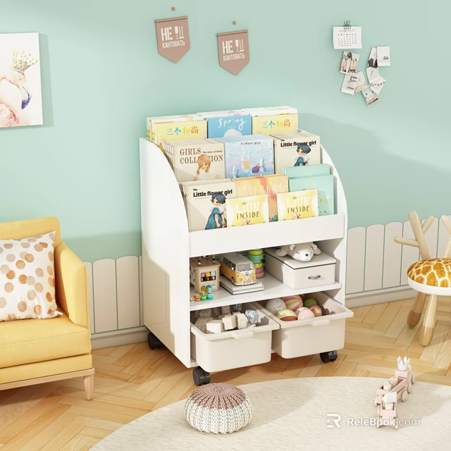 White Mobile Children's Bookcase With Multiple Shelves And Storage Drawers In Kids Room 3d model 