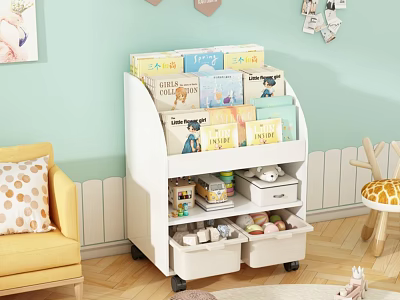 White Mobile Children's Bookcase With Multiple Shelves And Storage Drawers In Kids Room 3d model