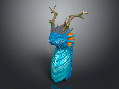 Blue Scaled Dragon Head With Green Branched Horns And Orange Accented Neck 3d model