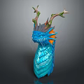 Blue Scaled Dragon Head With Green Branched Horns And Orange Accented Neck