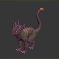 Green Mythical Creature 3D Model With Purple Horns Yellow Eyes Claws And Stripes