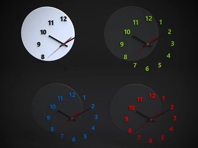 Four Colorful Clock Designs With Various Dial And Hand Colors 3d model