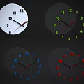 Four Colorful Clock Designs With Various Dial And Hand Colors