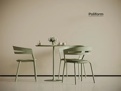 Poliform Green Leisure Chairs with Round Table Flower Vase and Cups in Minimalist Interior 3d model