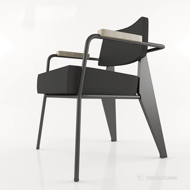 Modern Black Armchair With Metal Frame Wooden Armrests And Upholstered Seat 3d model 