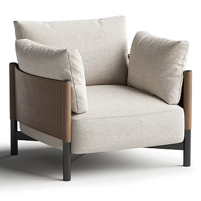 Modern Beige Fabric Armchair with Brown Leather Armrests Comfortable Cushions and Black Metal Legs 3d model
