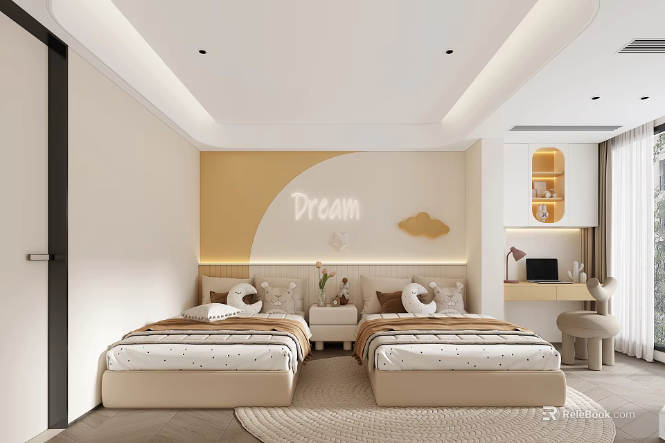 Cozy Kids Room Interior With Twin Beds Dream Wall Decor And Cloud Accents 3d model 