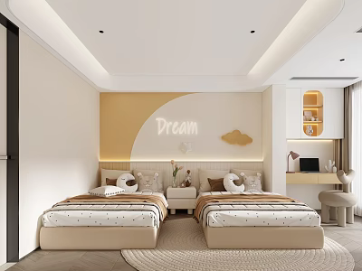 Cozy Kids Room Interior With Twin Beds Dream Wall Decor And Cloud Accents 3d model