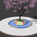 Tree Planter With Pink Flowering Tree Colorful Base Circular White Grid Pavement And Border