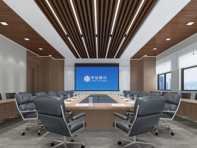 Modern Conference Room With Wooden Ceiling Linear Lighting Large Screen And Black Office Chairs 3d model