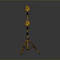 Five Square Lamps With Yellow Black Striped Tripods On Gray Reflective Floor